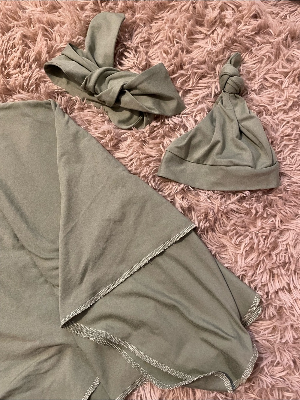 Boutique Sage Green Baby Knot Hat , headband & Swaddle Set 3pcs 30x30in Newborn